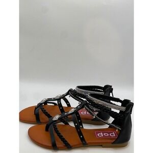 POP Miraya Black Gladiator Sandals Rhinestone Heart Chain Fringe Womens 5.5 M